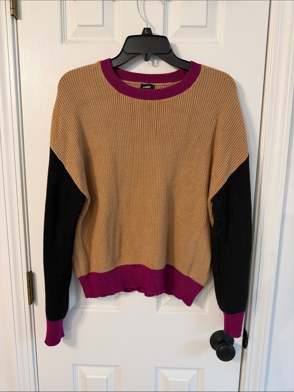 Express Colorblock Crewneck Sweater in Camel, Black & Magenta